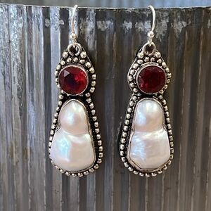 Baroque Pearl & Red Stone Earrings